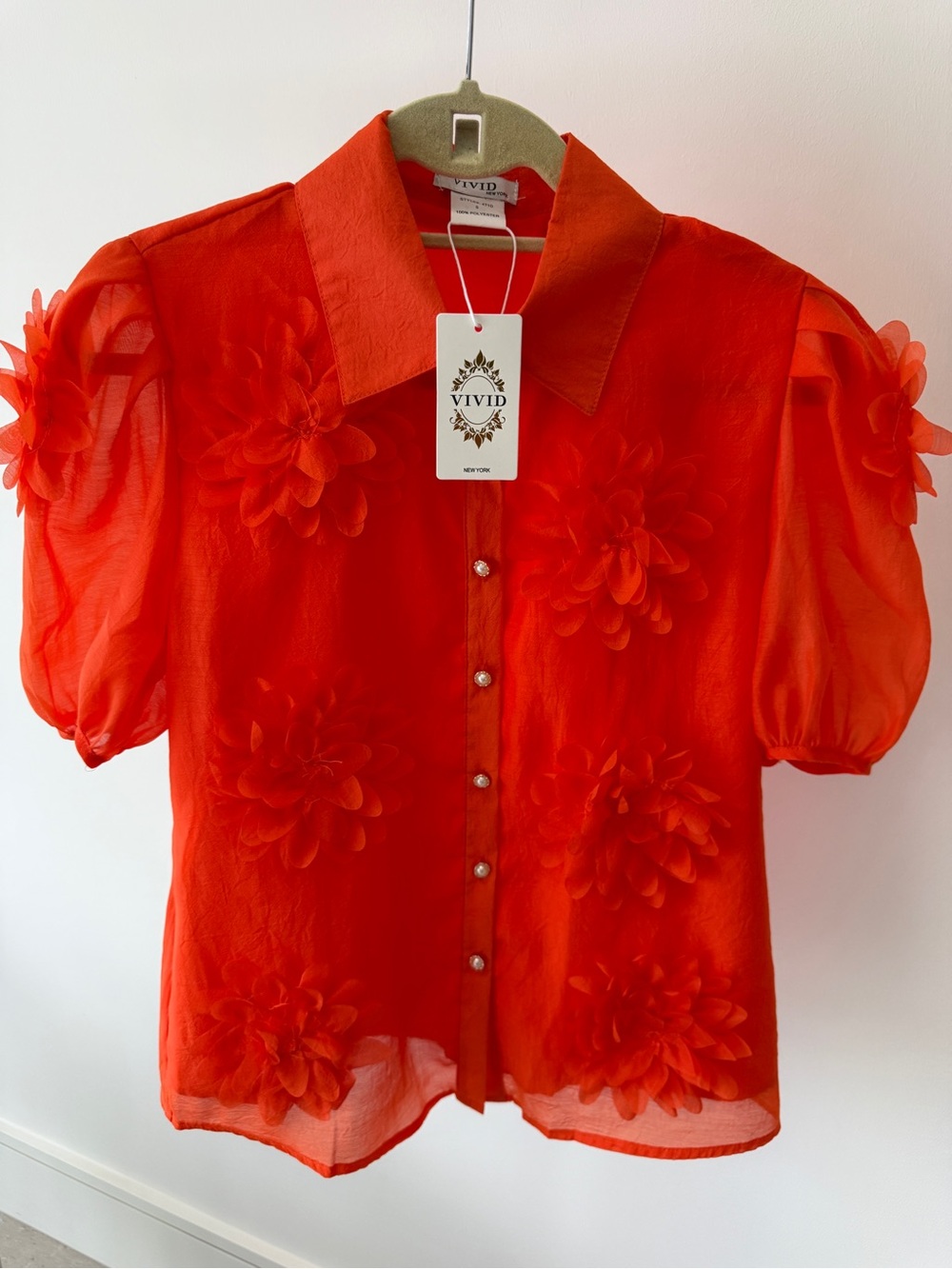Vivid Sheer Puff-Sleeve Blouse with Floral Appliqués - Red